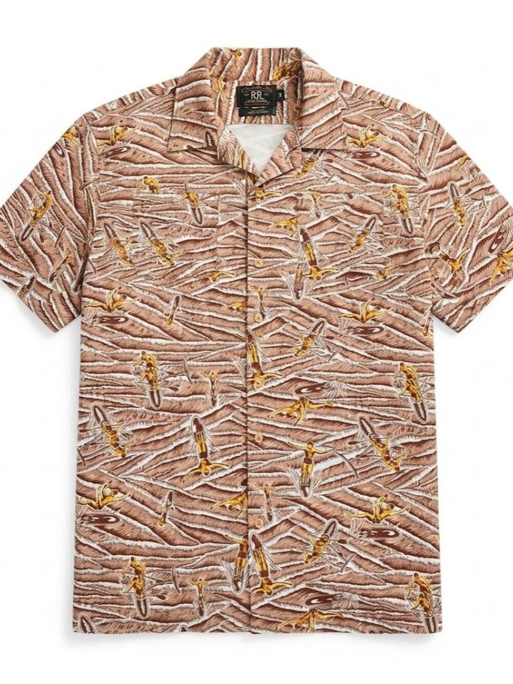 Vintage 90s RRL Ralph Lauren Surf Print Rayon Shirt Mens M Brown 3 Star
